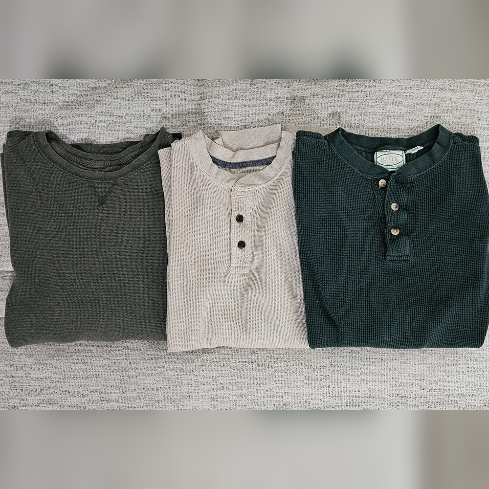Set of Three Henley Shirts in Gray, Cream, and Dark Green